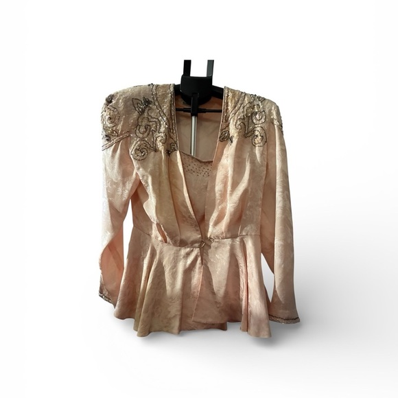 Dor’e by Della Roupgali Tops - Embellished Blush Satin Peplum Blouse